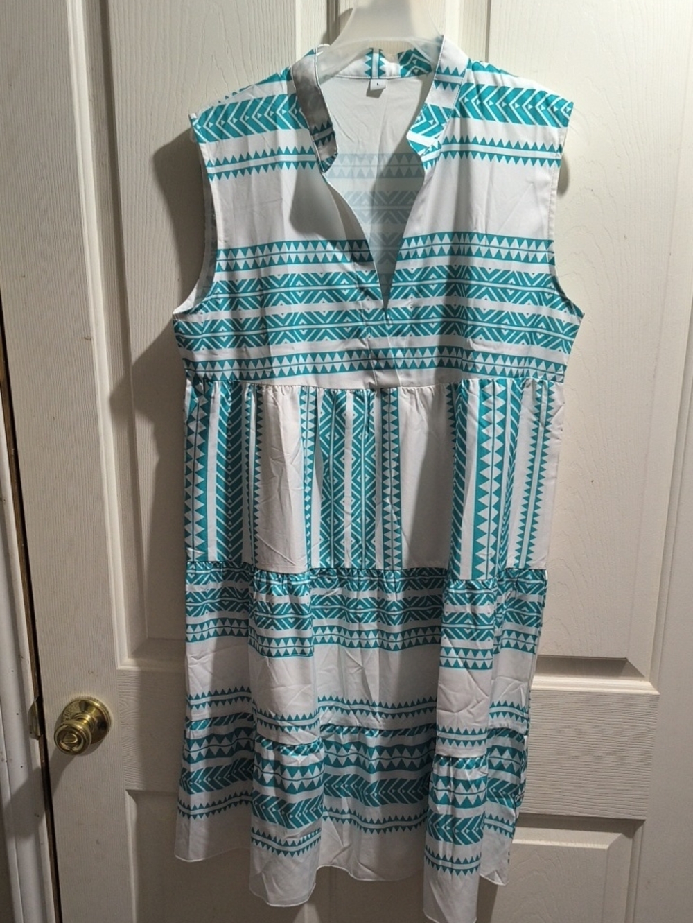 Sleeveless White Dress with Turquoise Geometric Print